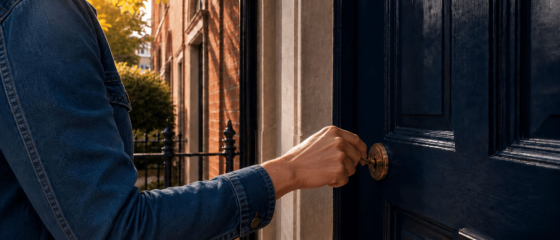 Close-up of a hand turning a house key in a front-door lock