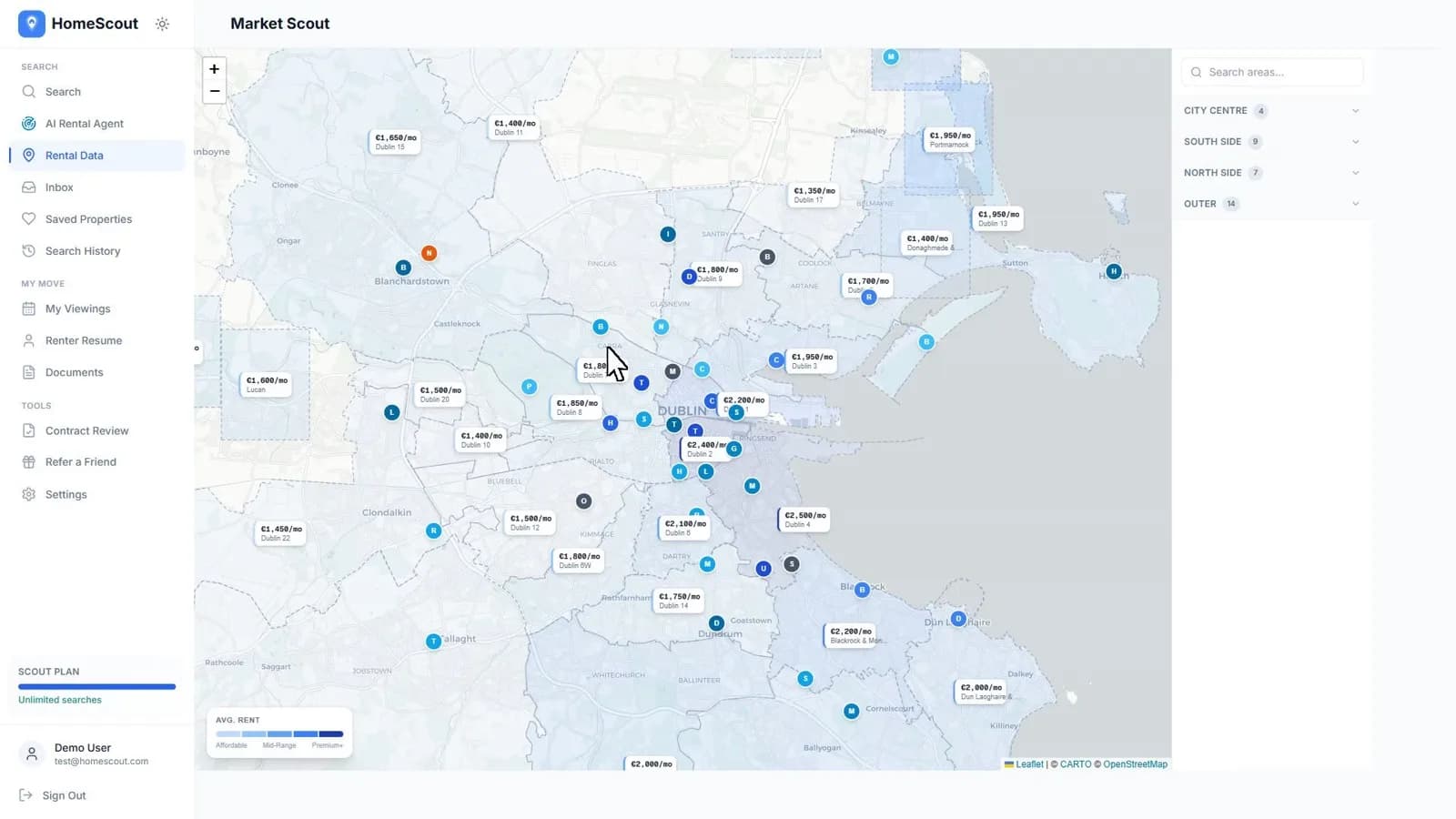 HomeScout Market Scout displaying rental prices across Dublin