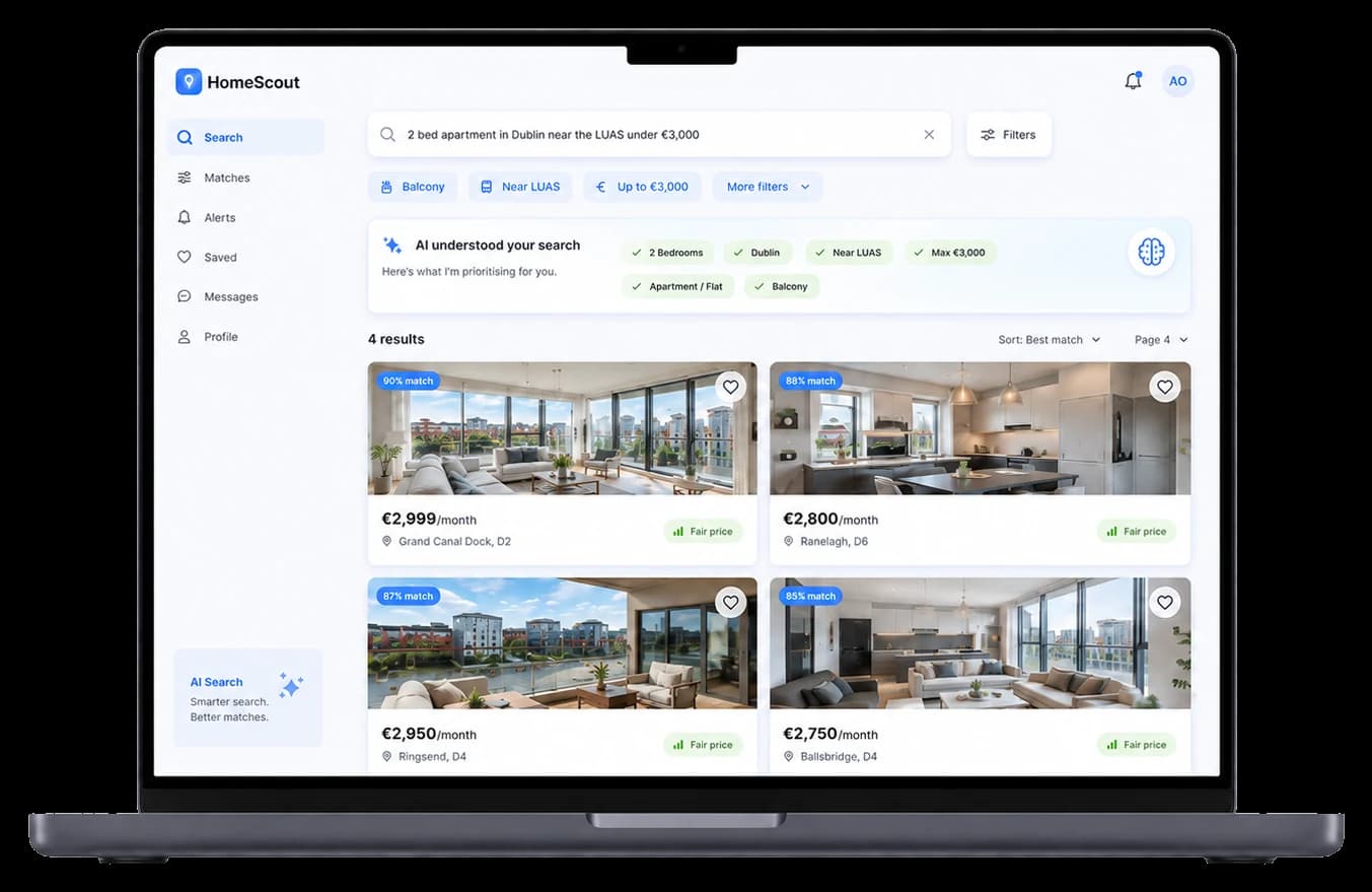 HomeScout rental search interface on a laptop