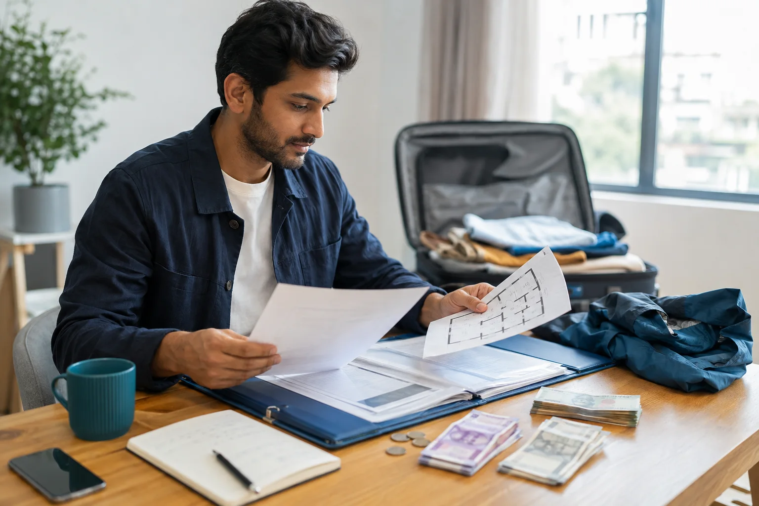 Editorial illustration of a renter planning documents and an Ireland arrival from India