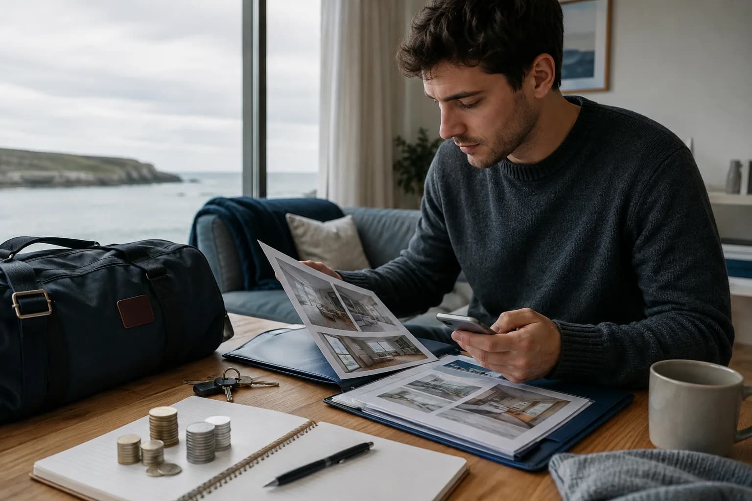 Editorial illustration of a renter preparing UK documents and an Ireland rental move