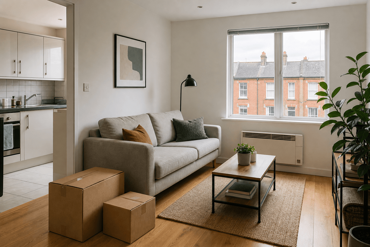 Bright Dublin rental interior with moving boxes and red-brick homes visible through the window